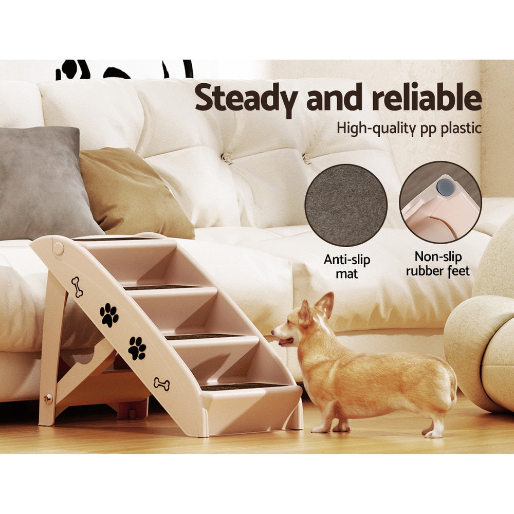 i.Pet - Foldable Dog Ramp Steps for Bed, Sofa, Car - Portable Pet Stairs Ladder - Beige