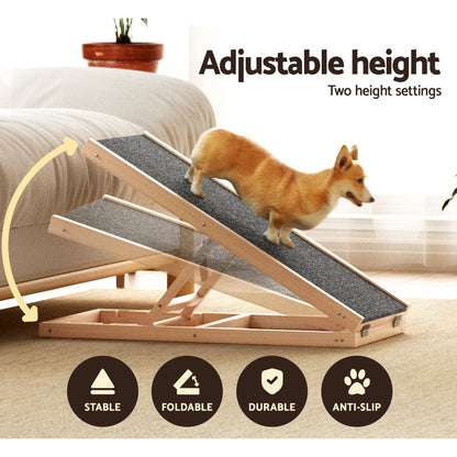 i.Pet - Adjustable Wooden Dog Ramp 70cm for Bed, Sofa, Car