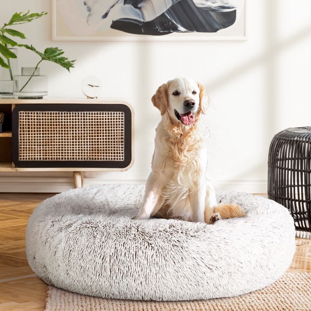 i.Pet - Large Calming Pet Bed for Dogs & Cats, 90cm - White & Brown