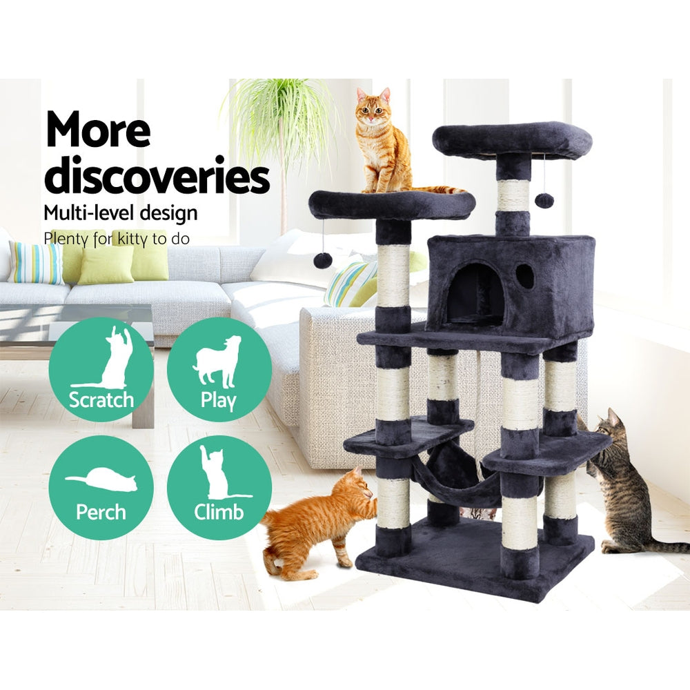 i.Pet - 145cm Cat Tree Tower with Scratching Post, Large Bed, and Condo House