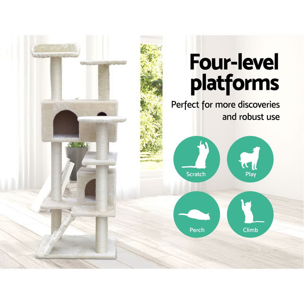 i.Pet - 134cm Cat Tree Scratching Post with Condo and Bed Beige