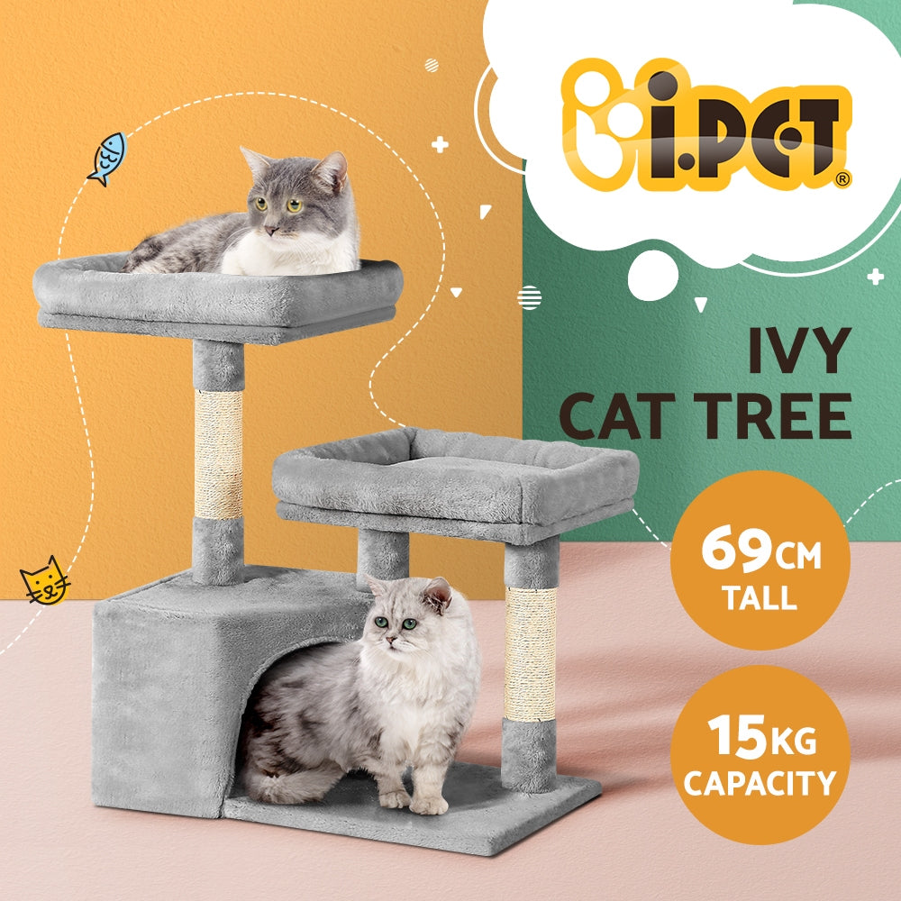 i.Pet - 69cm Cat Tree Scratching Post Tower with Bed and Playing Spots - Light Grey