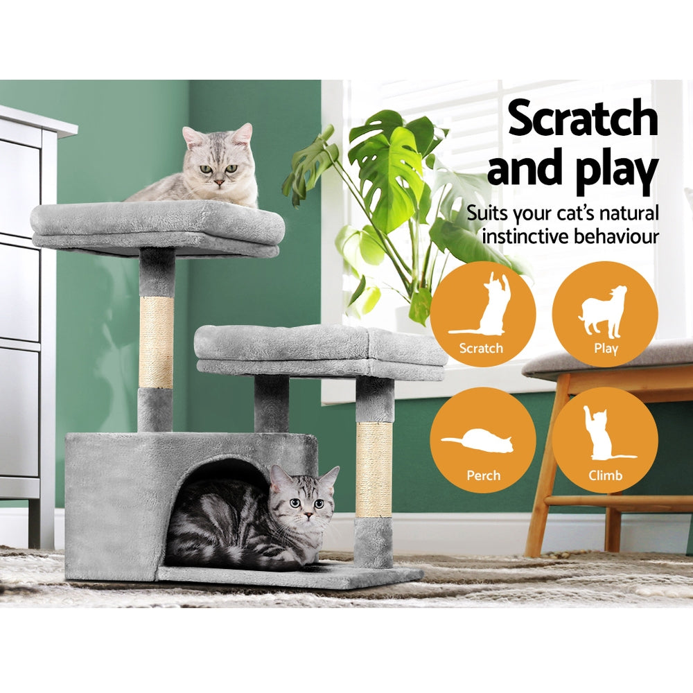 i.Pet - 69cm Cat Tree Scratching Post Tower with Bed and Playing Spots - Light Grey