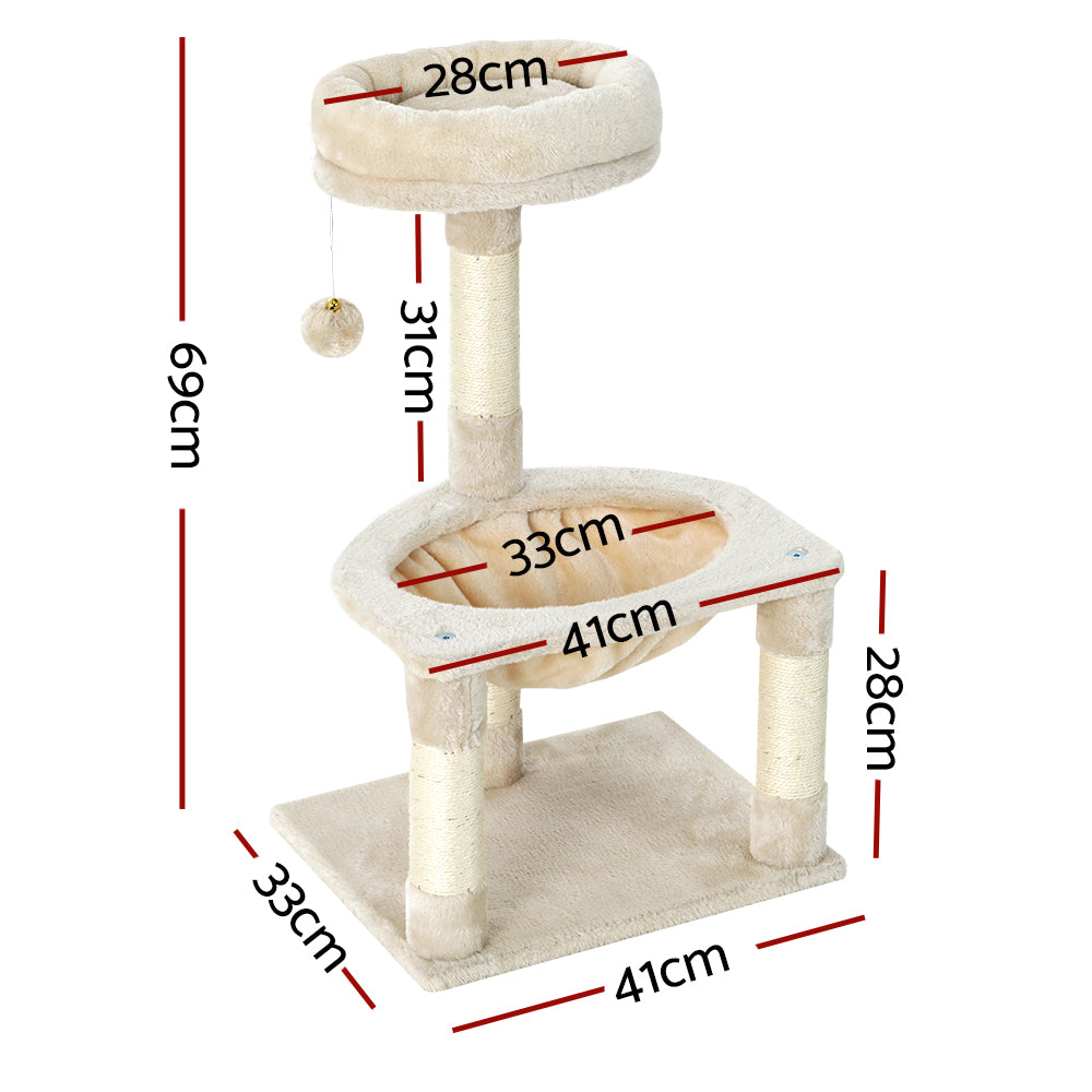 i.Pet - 69cm Cat Tree Scratching Post Tower with Toys, Condo, and Bed - Beige