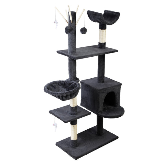 i.Pet - 140cm Cat Tree Tower with Scratching Posts, Toys, and Bed - Dark Grey