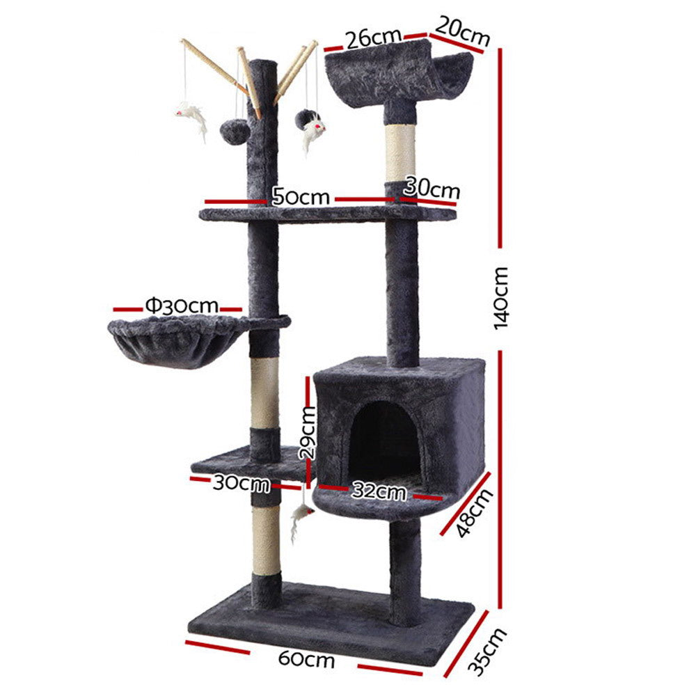 i.Pet - 140cm Cat Tree Tower with Scratching Posts, Toys, and Bed - Dark Grey