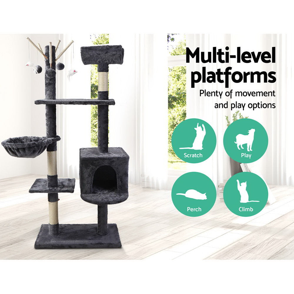 i.Pet - 140cm Cat Tree Tower with Scratching Posts, Toys, and Bed - Dark Grey