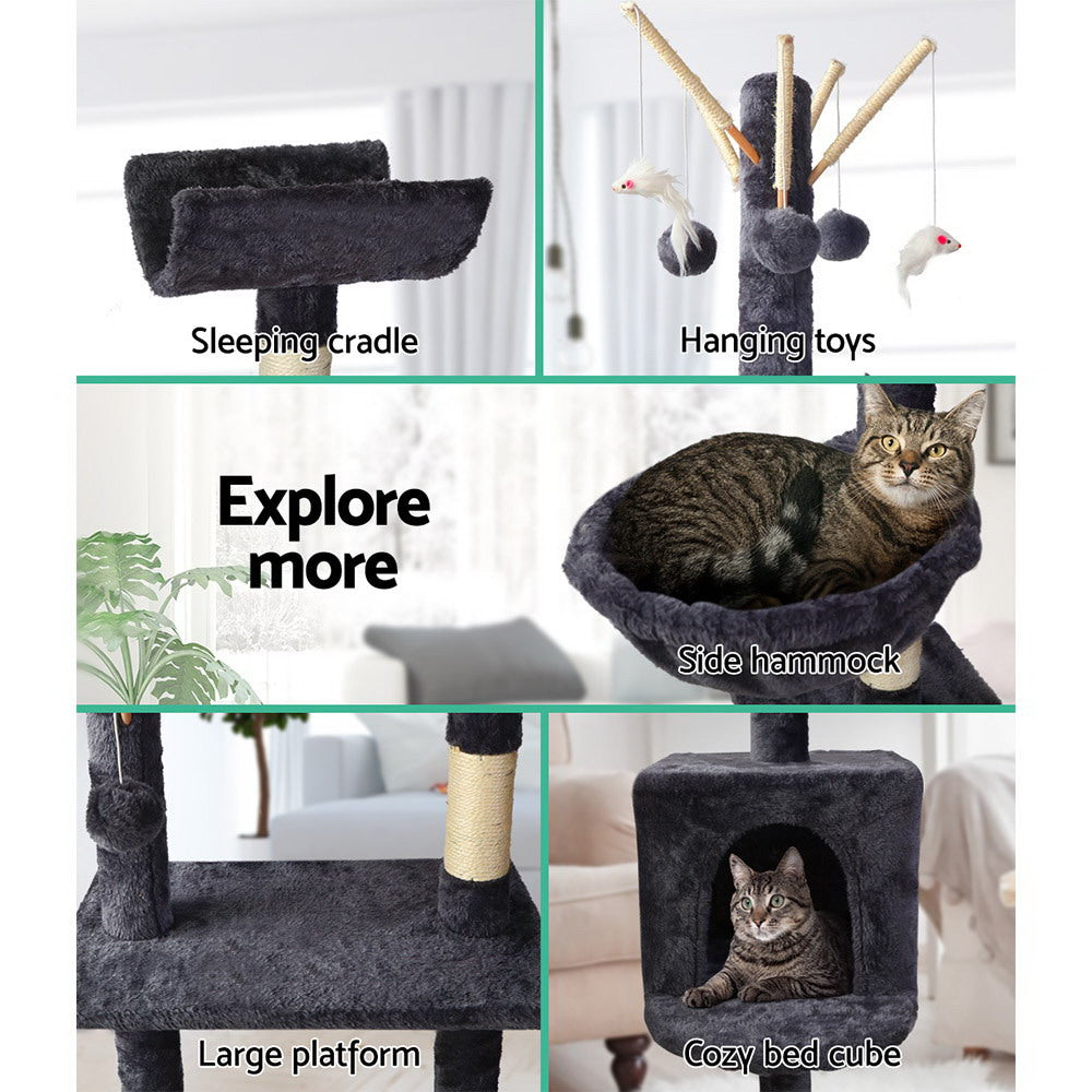 i.Pet - 140cm Cat Tree Tower with Scratching Posts, Toys, and Bed - Dark Grey