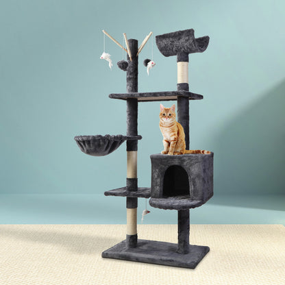 i.Pet - 140cm Cat Tree Tower with Scratching Posts, Toys, and Bed - Dark Grey