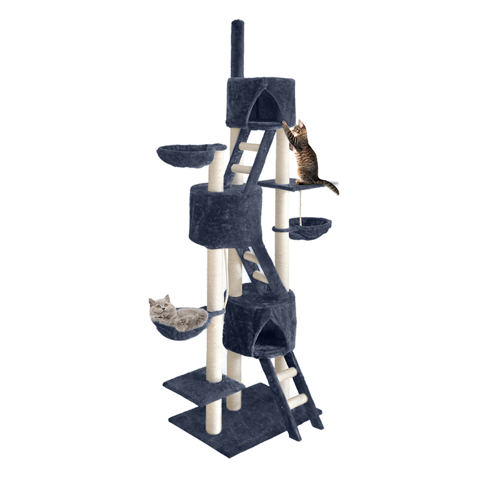 i.Pet - 244cm Cat Tree Tower Scratching Post Condo with Hammocks and Toys - Grey