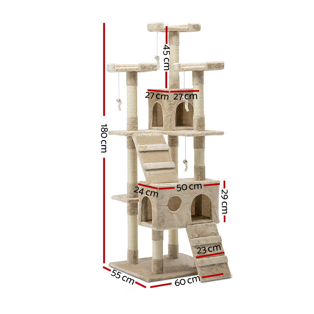 i.Pet - 180cm Cat Tree Tower Scratching Post Condo with Toys - Beige