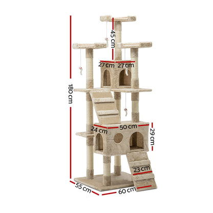 i.Pet - 180cm Cat Tree Tower Scratching Post Condo with Toys - Beige