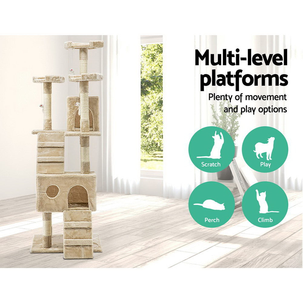 i.Pet - 180cm Cat Tree Tower Scratching Post Condo with Toys - Beige