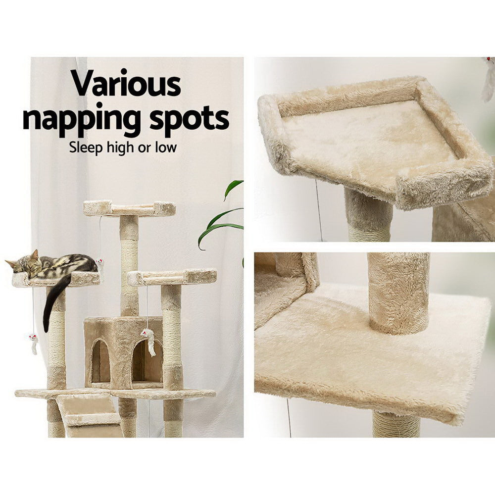 i.Pet - 180cm Cat Tree Tower Scratching Post Condo with Toys - Beige