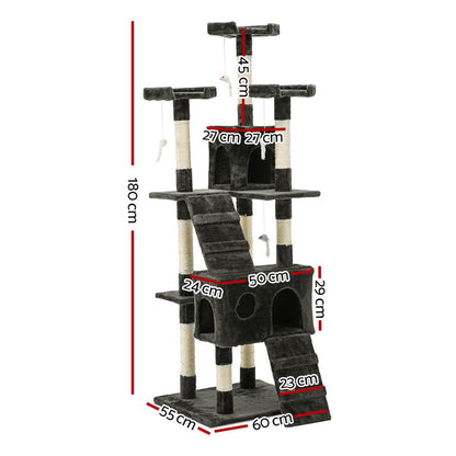 i.Pet - 180cm Cat Tree Tower Scratching Post Condo with Toys - Grey