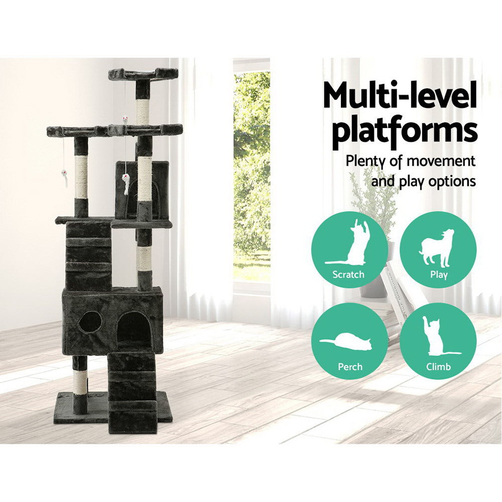 i.Pet - 180cm Cat Tree Tower Scratching Post Condo with Toys - Grey