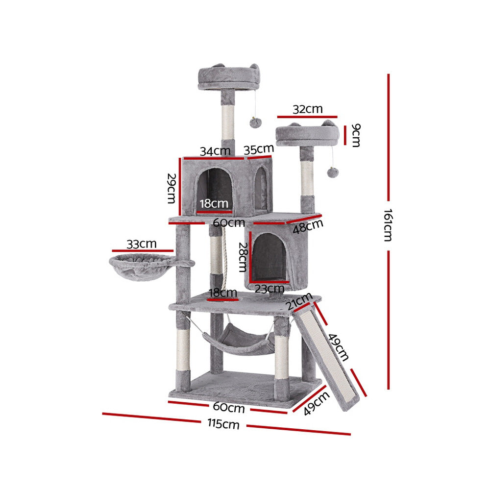 i.Pet - 161cm Cat Tree Tower with Scratching Post, Condo, and Hammock - Light Grey