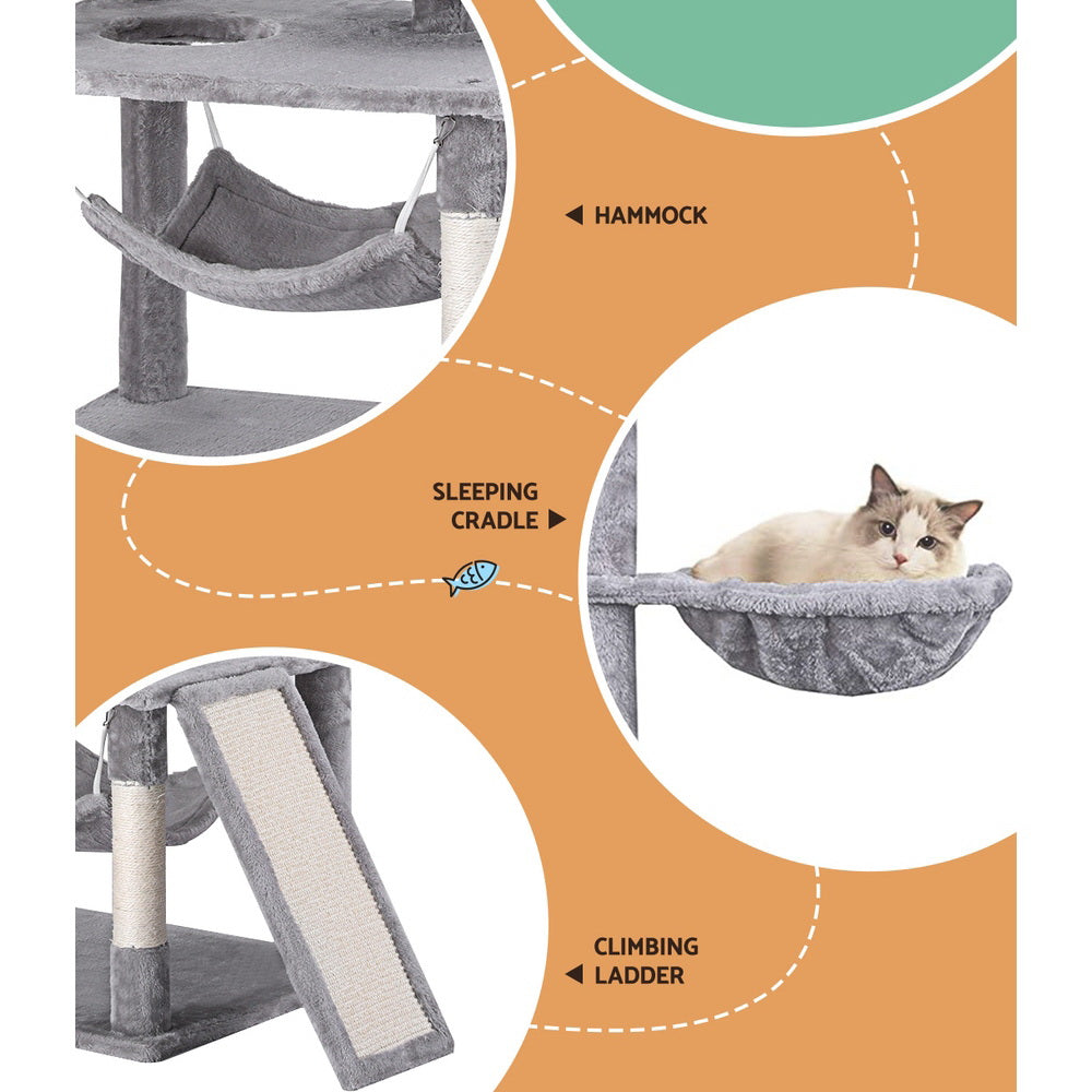 i.Pet - 161cm Cat Tree Tower with Scratching Post, Condo, and Hammock - Light Grey