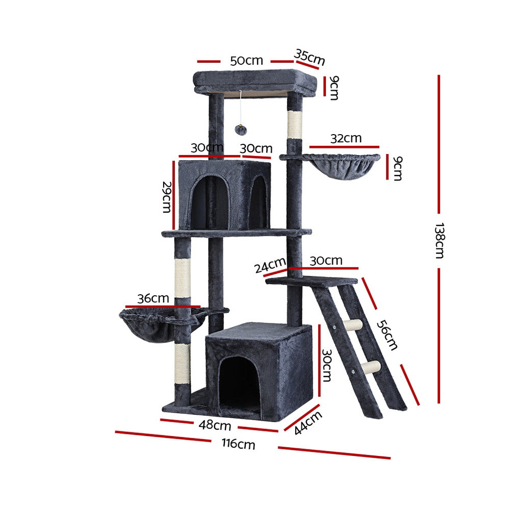 i.Pet - 138cm Cat Tree Tower with Scratching Post, Condo, and House - Dark Grey