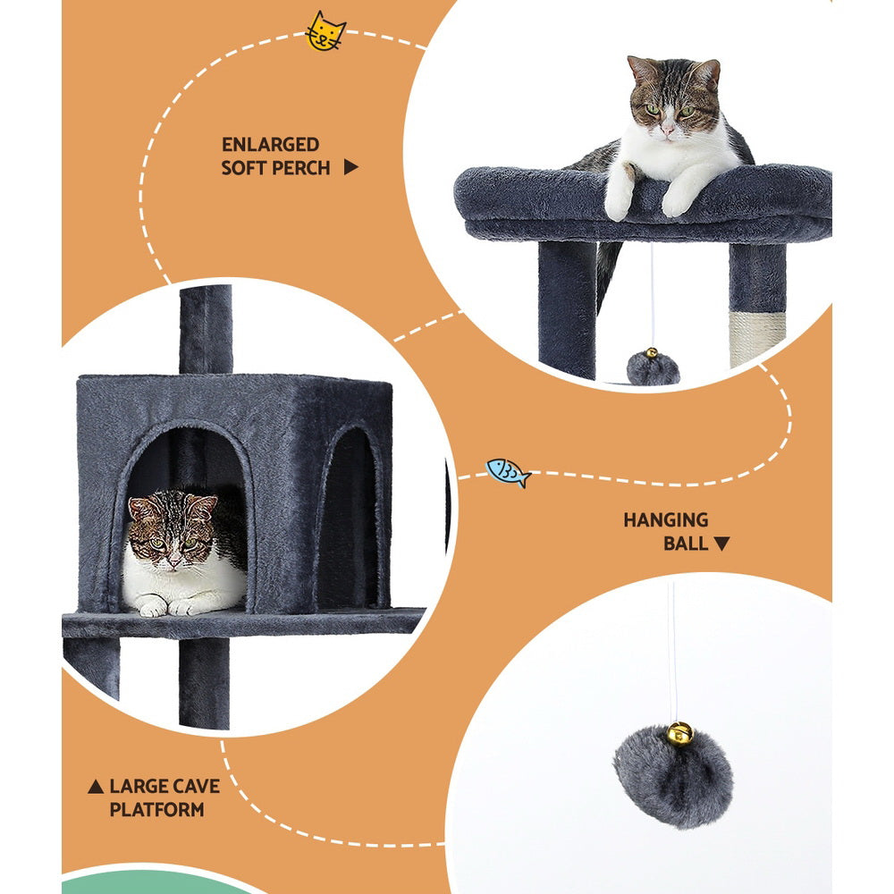 i.Pet - 138cm Cat Tree Tower with Scratching Post, Condo, and House - Dark Grey