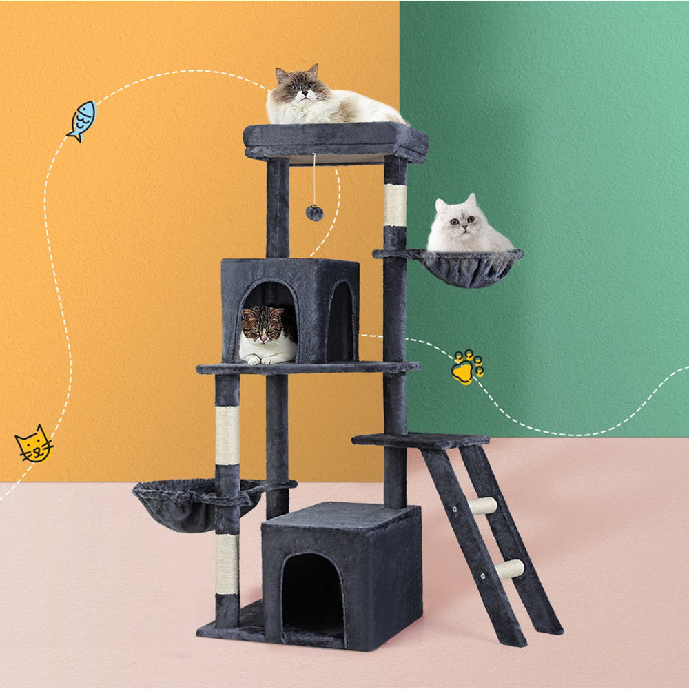 i.Pet - 138cm Cat Tree Tower with Scratching Post, Condo, and House - Dark Grey