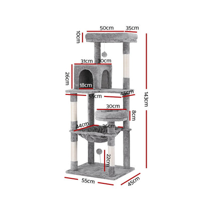 i.Pet - 143cm Cat Tree Tower with Scratching Post, Condo, and Toys - Light Grey