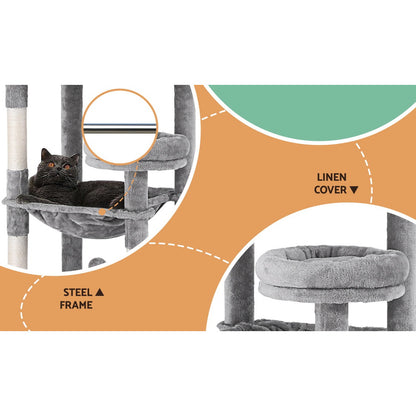 i.Pet - 143cm Cat Tree Tower with Scratching Post, Condo, and Toys - Light Grey