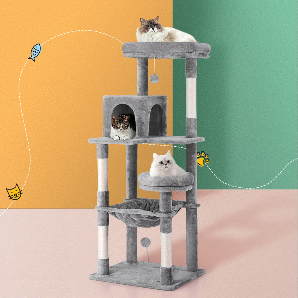 i.Pet - 143cm Cat Tree Tower with Scratching Post, Condo, and Toys - Light Grey