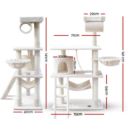 i.Pet - 141cm Cat Tree Tower with Scratching Posts, Condo, and Bed - Beige