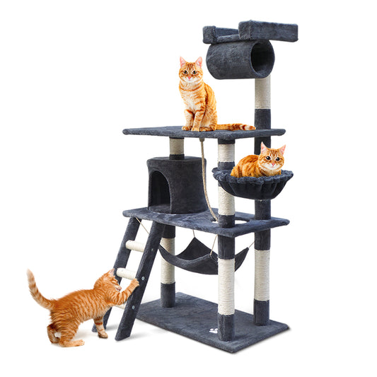 i.Pet - 141cm Cat Tree Tower with Scratching Posts, Condo, and Bed - Grey