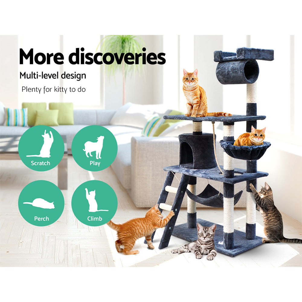 i.Pet - 141cm Cat Tree Tower with Scratching Posts, Condo, and Bed - Grey