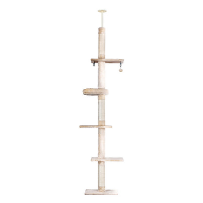 i.Pet - 290cm Floor-to-Ceiling Cat Tree Tower Scratching Post with Bed - Beige and White