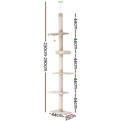 i.Pet - 290cm Floor-to-Ceiling Cat Tree Tower Scratching Post with Bed - Beige and White