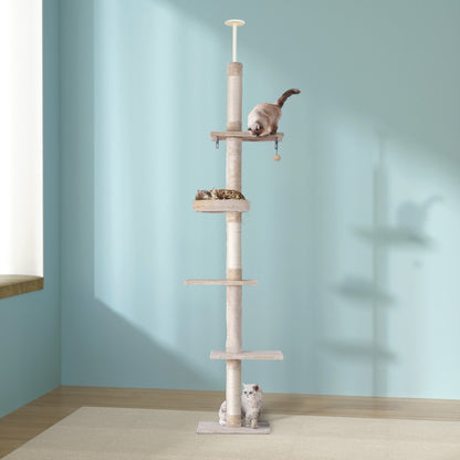 i.Pet - 290cm Floor-to-Ceiling Cat Tree Tower Scratching Post with Bed - Beige and White