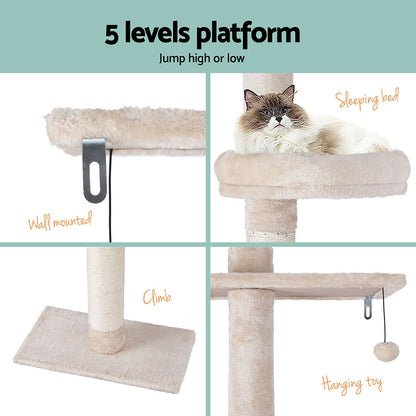 i.Pet - 290cm Floor-to-Ceiling Cat Tree Tower Scratching Post with Bed - Beige and White