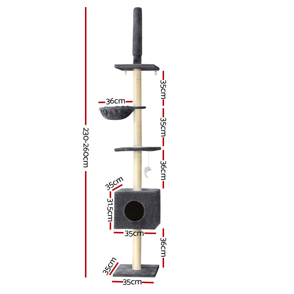 i.Pet - 260cm Floor-to-Ceiling Cat Tree Tower Scratching Post with Sleeping Cubicle - Dark Grey