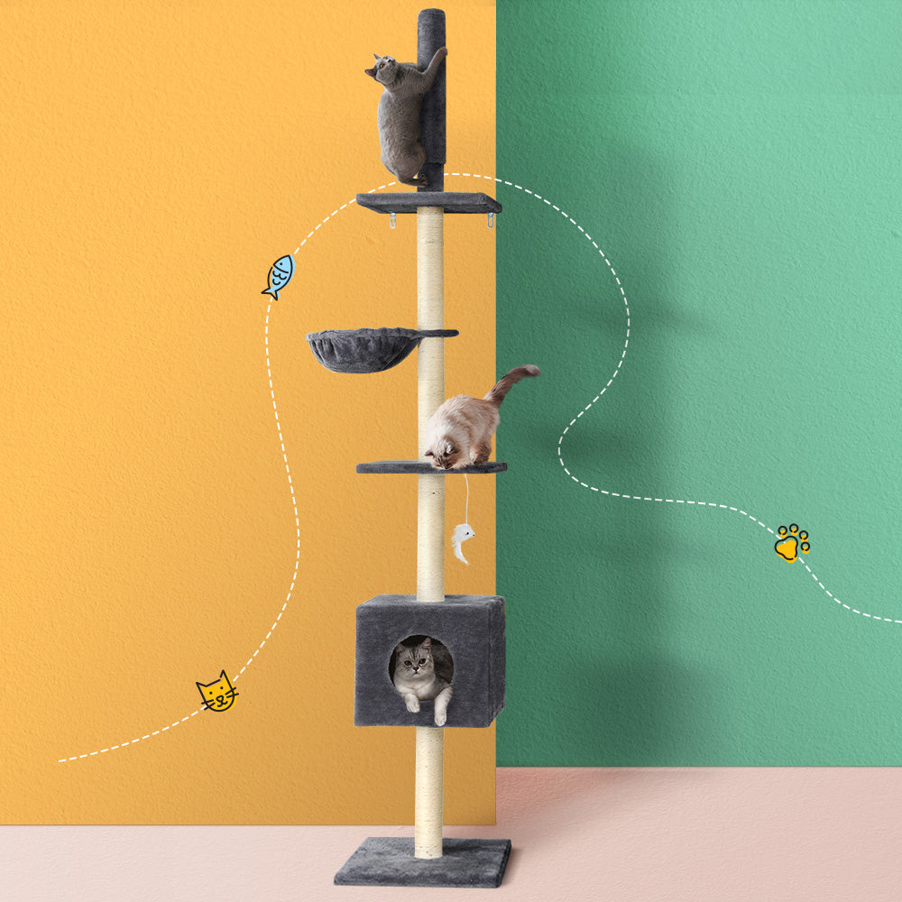 i.Pet - 260cm Floor-to-Ceiling Cat Tree Tower Scratching Post with Sleeping Cubicle - Dark Grey