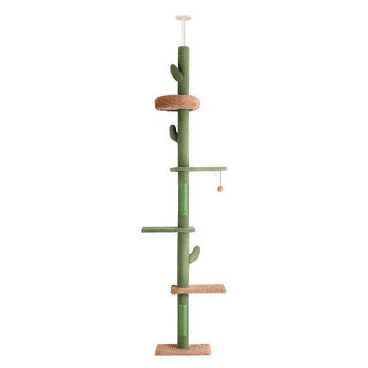 i.Pet - 290cm Floor-to-Ceiling Cat Tree Tower with Scratching Post and Bed - Green and Light Brown