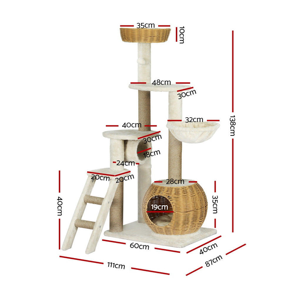 i.Pet - 138cm Cat Tree Tower with Rattan Ladder and Scratching Posts