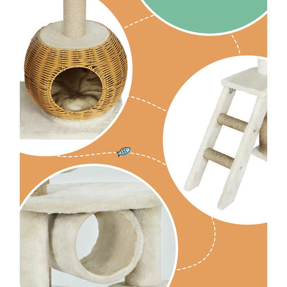 i.Pet - 138cm Cat Tree Tower with Rattan Ladder and Scratching Posts