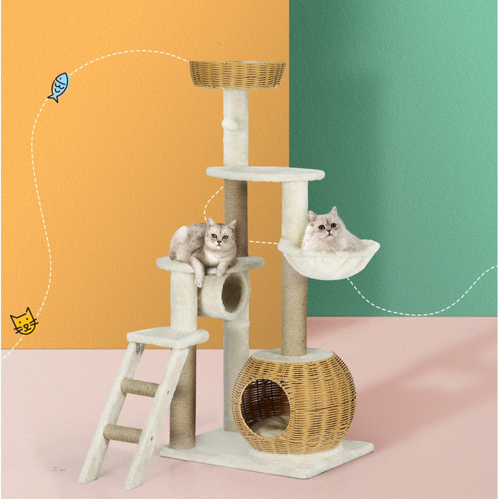 i.Pet - 138cm Cat Tree Tower with Rattan Ladder and Scratching Posts