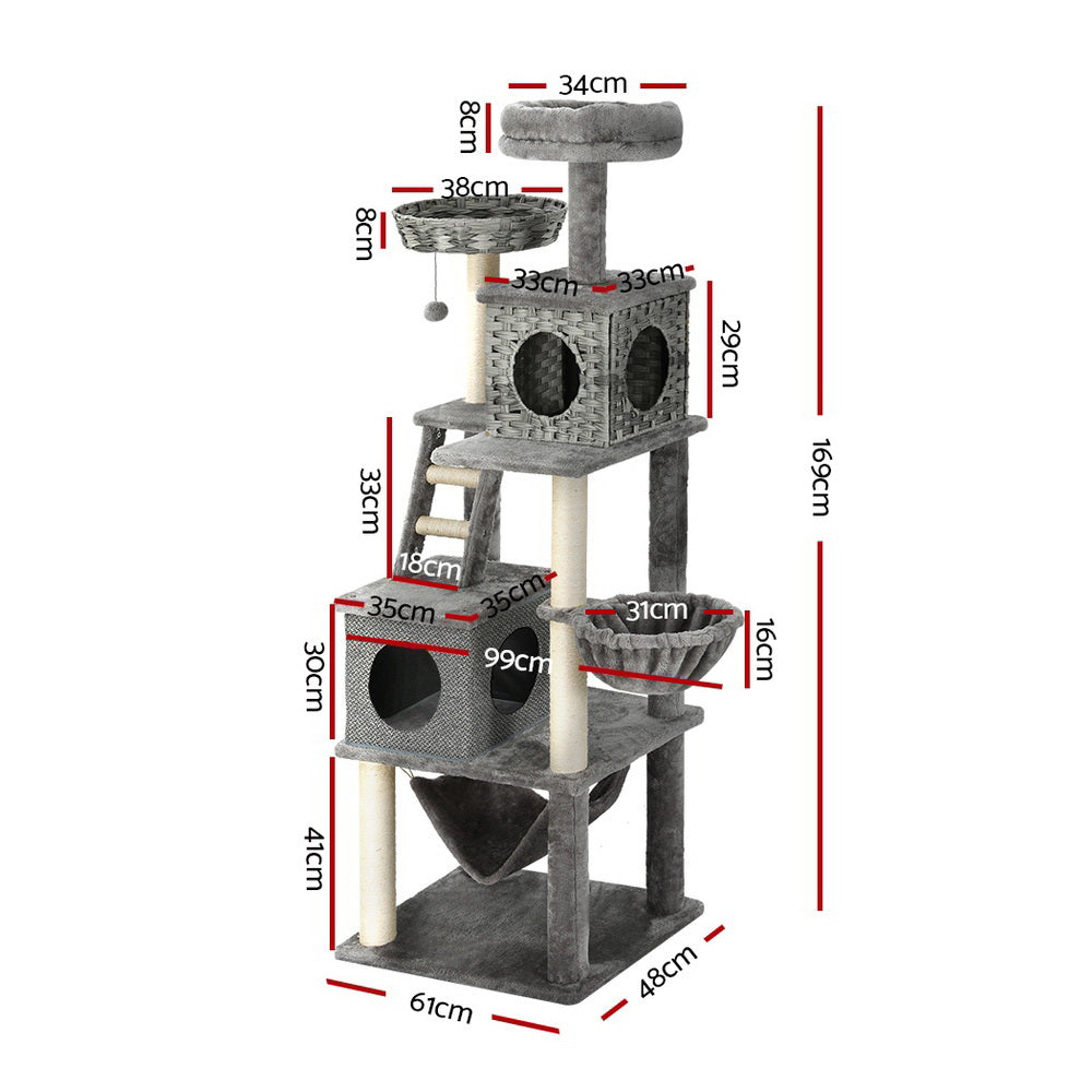 i.Pet - 169cm Cat Tree with Scratching Post, Rattan Bed, and Ladder