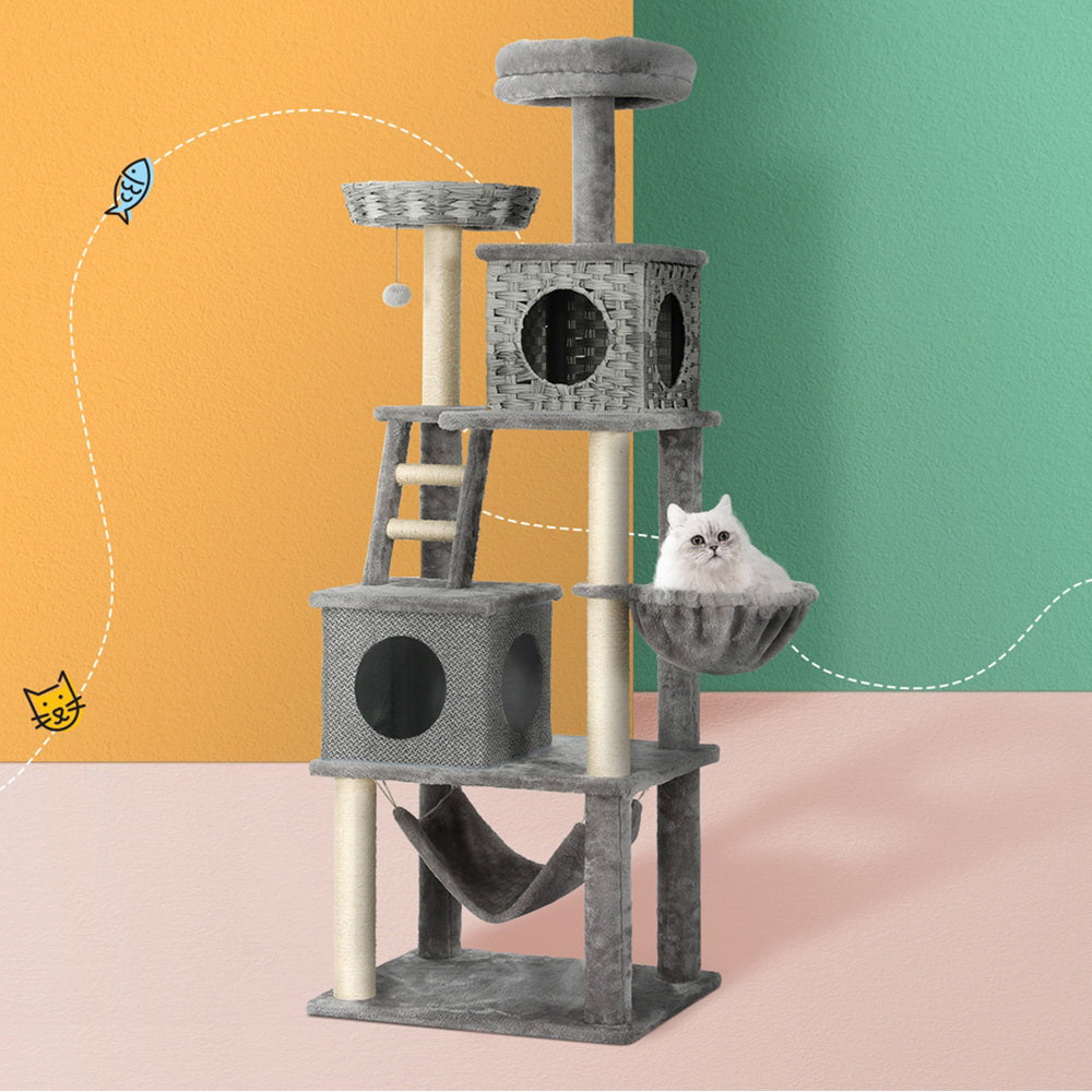 i.Pet - 169cm Cat Tree with Scratching Post, Rattan Bed, and Ladder