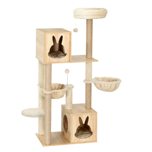 i.Pet - 141cm Wood Cat Tree Tower with Scratching Post, Bed, Condo, and Ladder