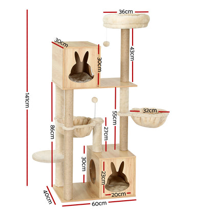 i.Pet - 141cm Wood Cat Tree Tower with Scratching Post, Bed, Condo, and Ladder