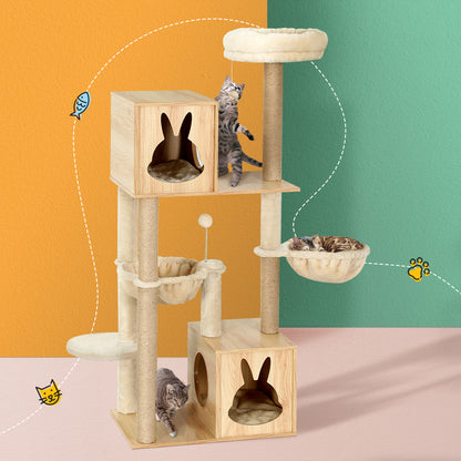 i.Pet - 141cm Wood Cat Tree Tower with Scratching Post, Bed, Condo, and Ladder