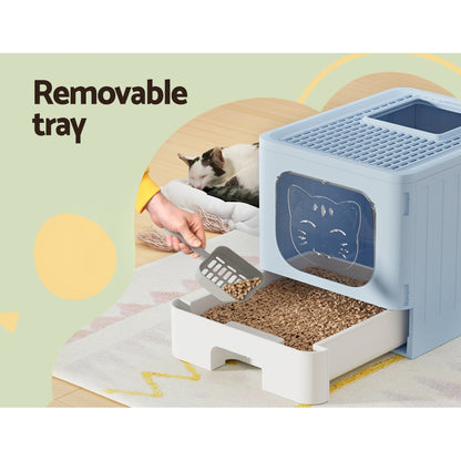 i.Pet - Enclosed Cat Litter Box with Foldable Hood and Scoop - Blue