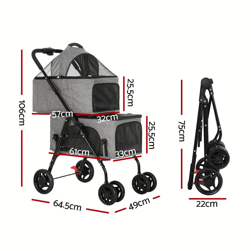 i.Pet - Pet Stroller 2-tier Dog Pram Large Cat Carrier Travel Pushchair Foldable