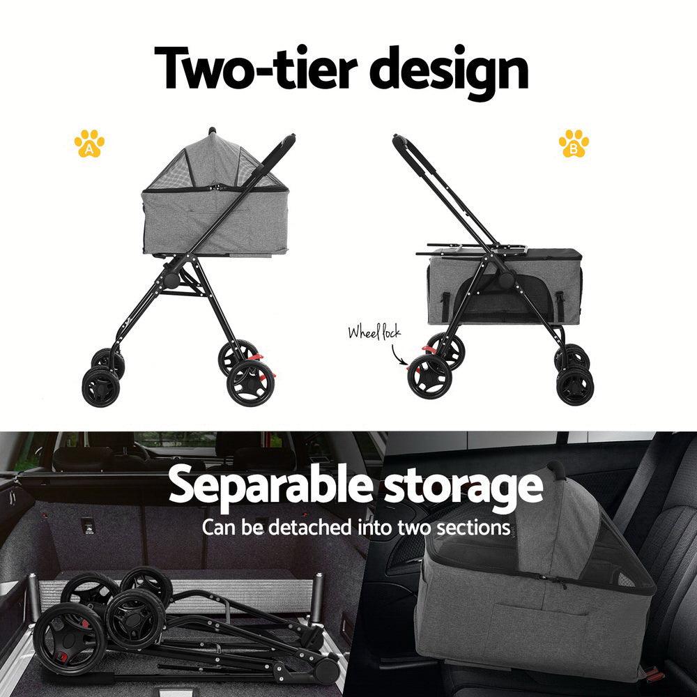 i.Pet - Pet Stroller 2-tier Dog Pram Large Cat Carrier Travel Pushchair Foldable