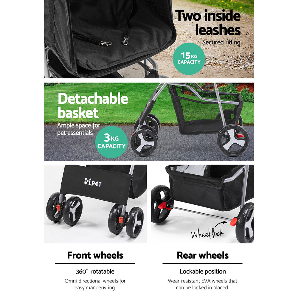 i.Pet - 4 Wheel Pet Stroller - Black